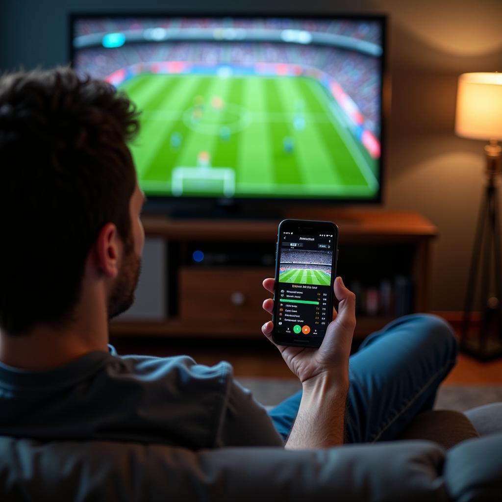 Person checking live scores on their phone while watching a football game on TV