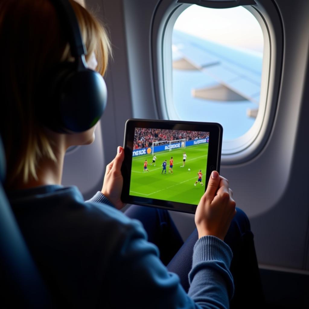 A passenger streaming a live football match on their tablet during a flight.