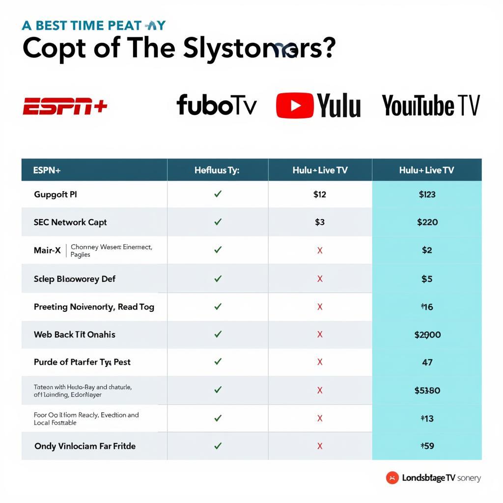 Streaming Service Comparison Chart for Alabama vs Mississippi State Game