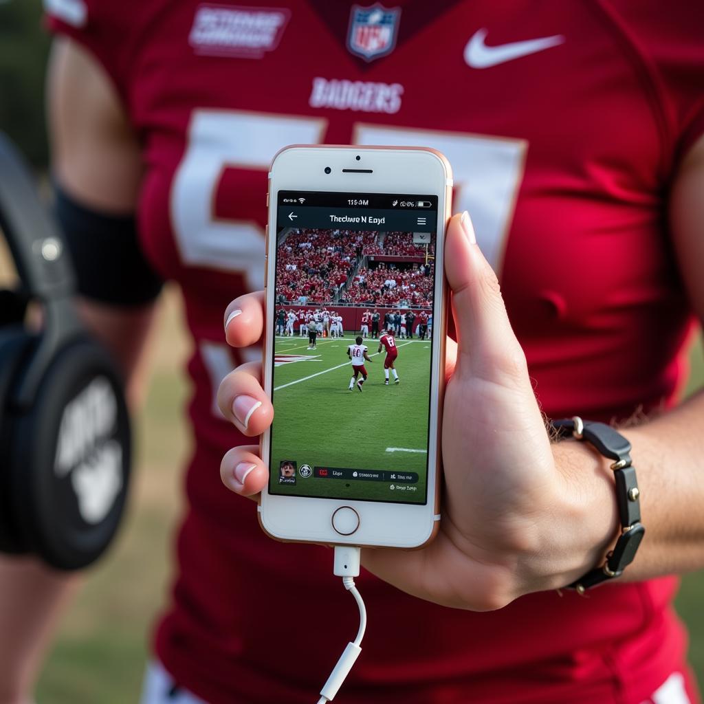 A person streaming Wisconsin Badgers football on their phone with headphones.