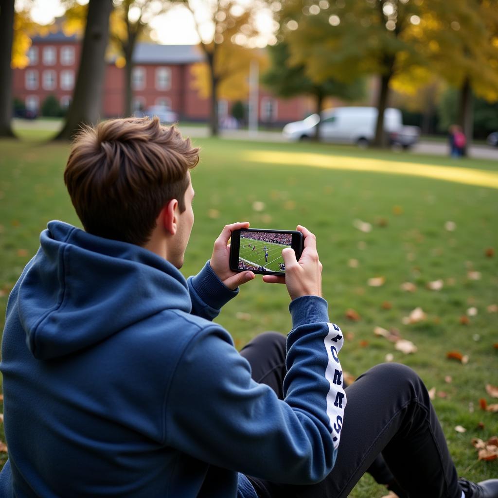 Student Watching NCAA Football on Phone