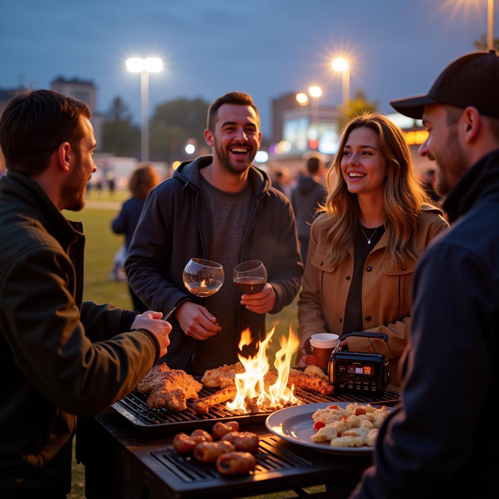 Friends Tailgating and Listening to Monday Night Football on a Portable Radio