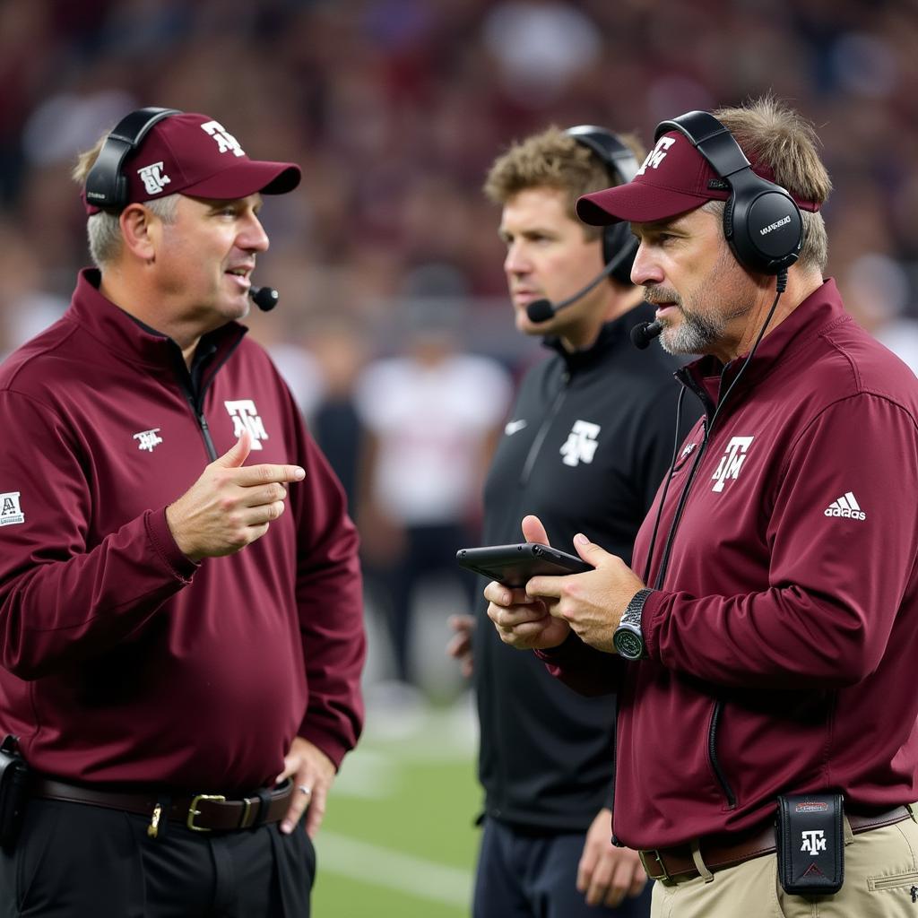 Texas A&M Football Coach Discussing Strategy During Halftime