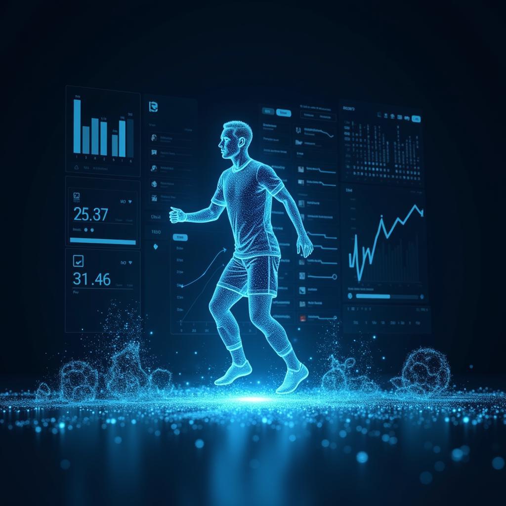 The Future of Football Transfers: A futuristic graphic depicting a holographic projection of a football player with data points and statistics surrounding him, representing the increasing role of data analytics in player transfers.