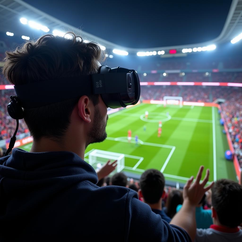 A person wearing VR goggles experiencing a football match