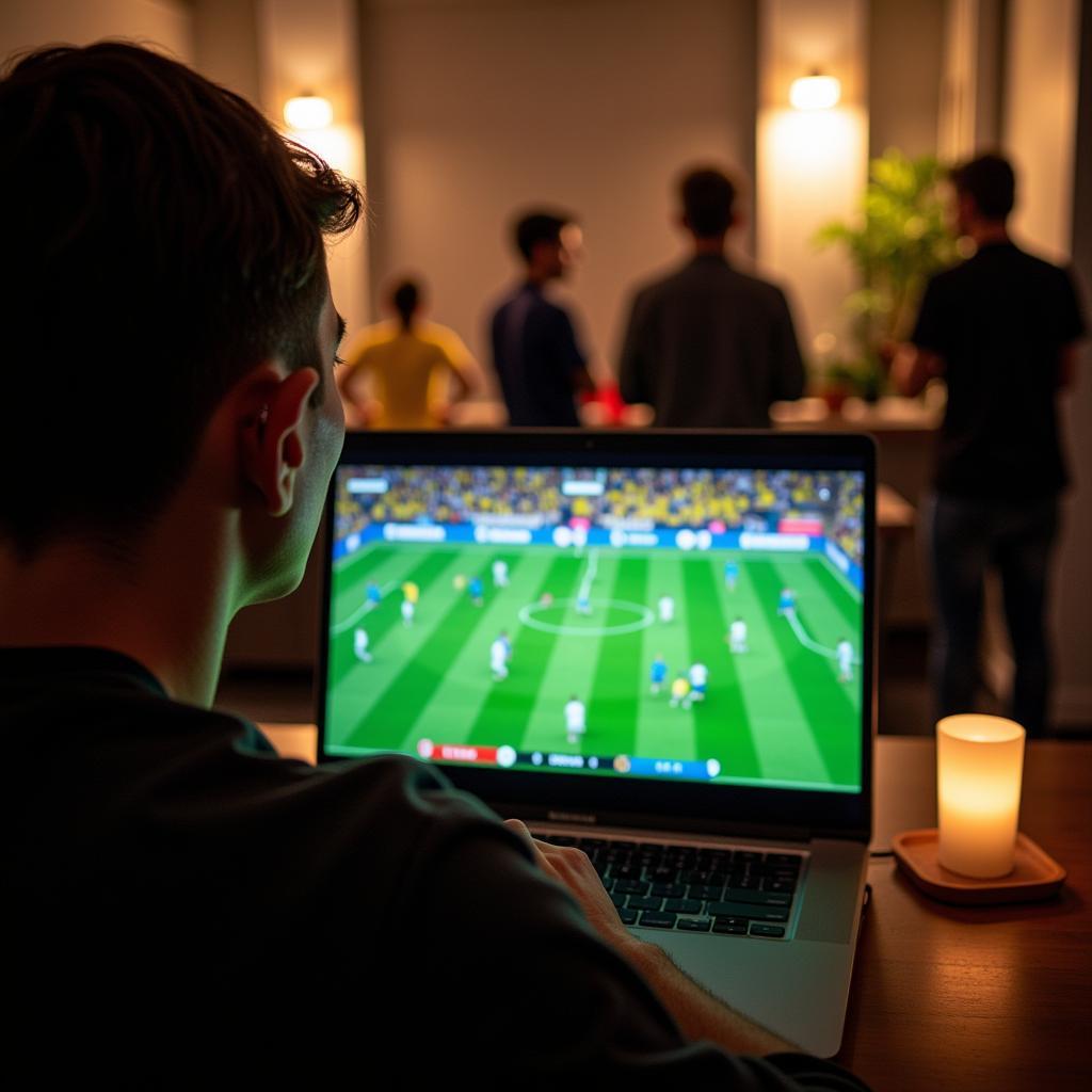 Watching Brazil live football online on a laptop with fans in the background.