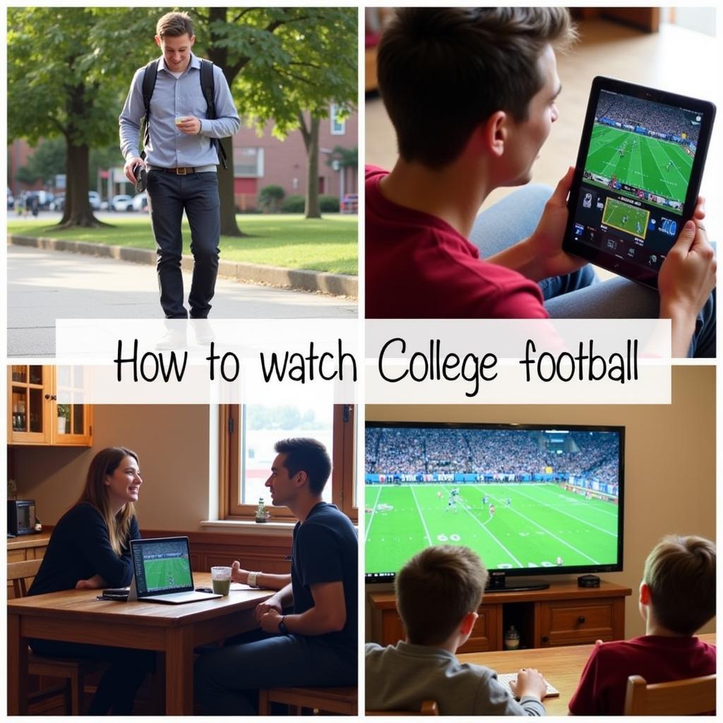 Watching college football on various devices: phone, tablet, laptop, and TV.