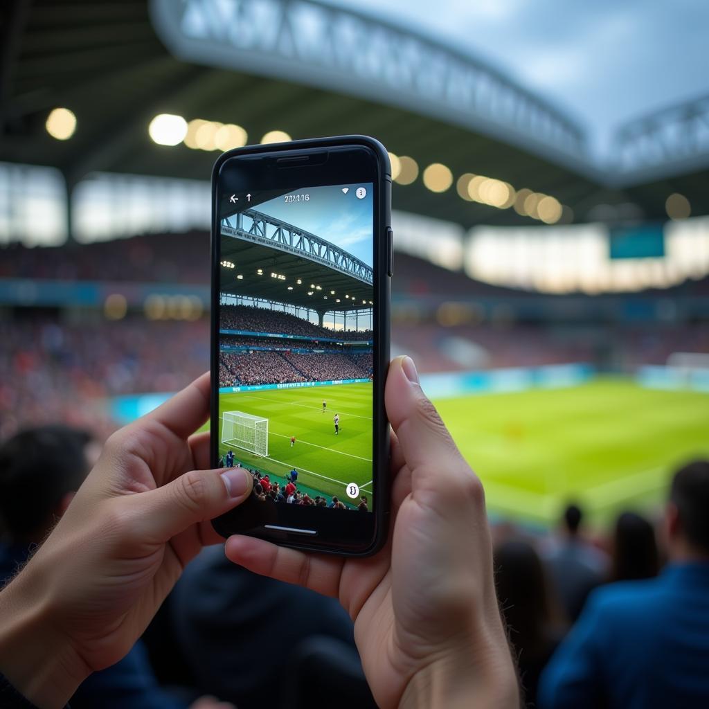 Man watching football live stream on mobile phone.