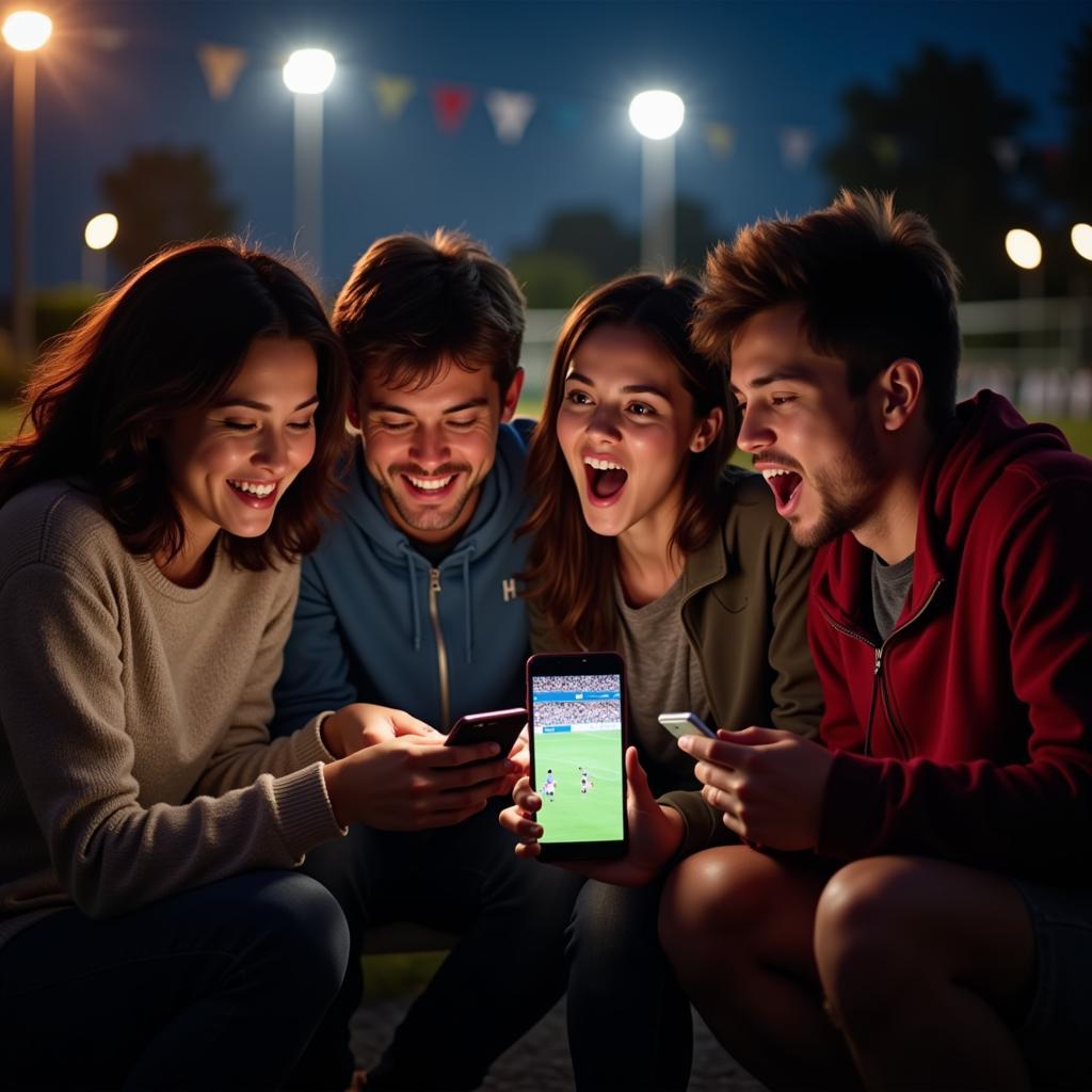 Group of friends watching football on mobile phones.