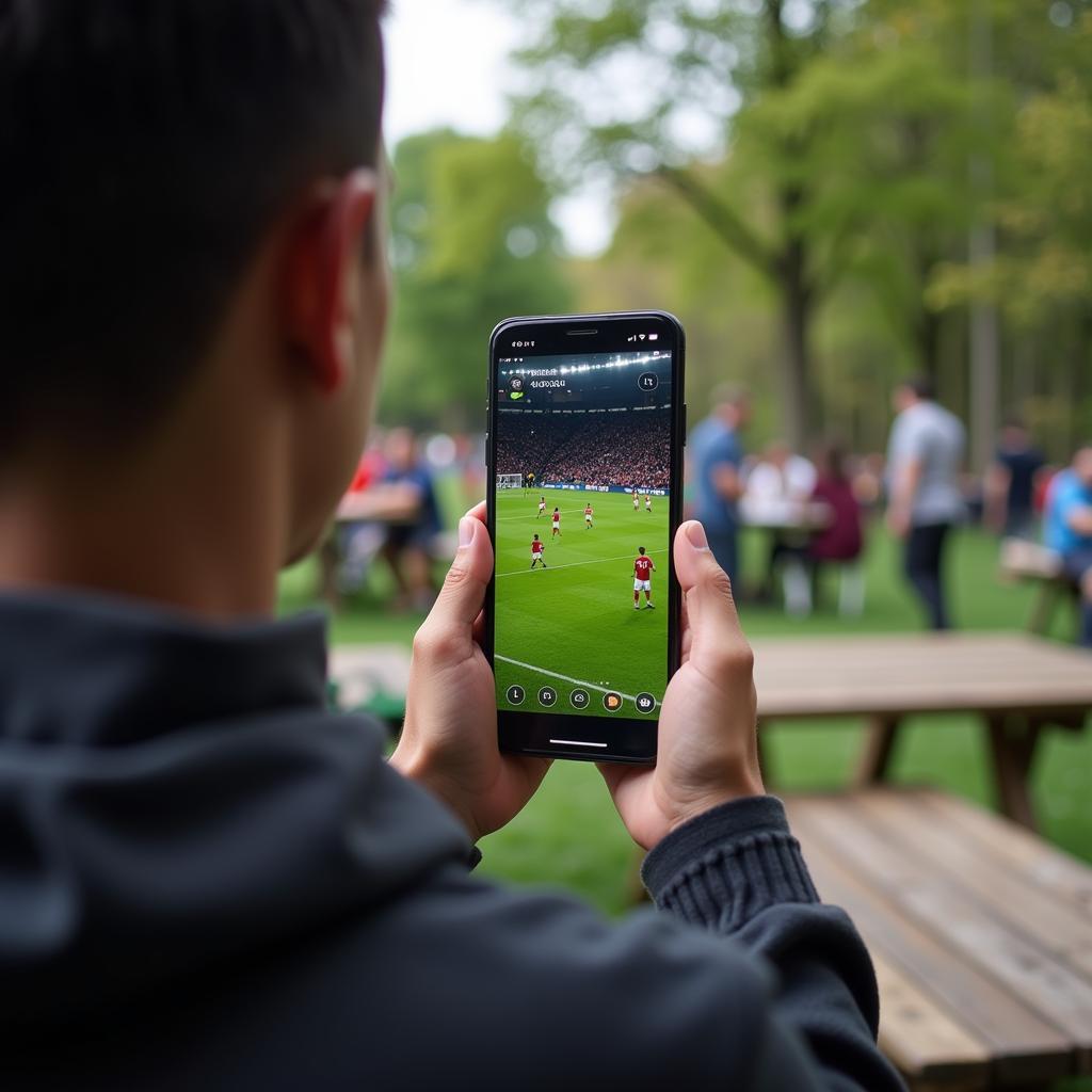 Enjoying live football on an iPhone outdoors