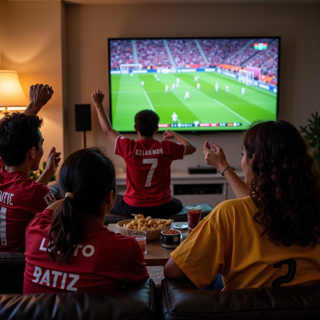 Friends watching football together on a large screen television