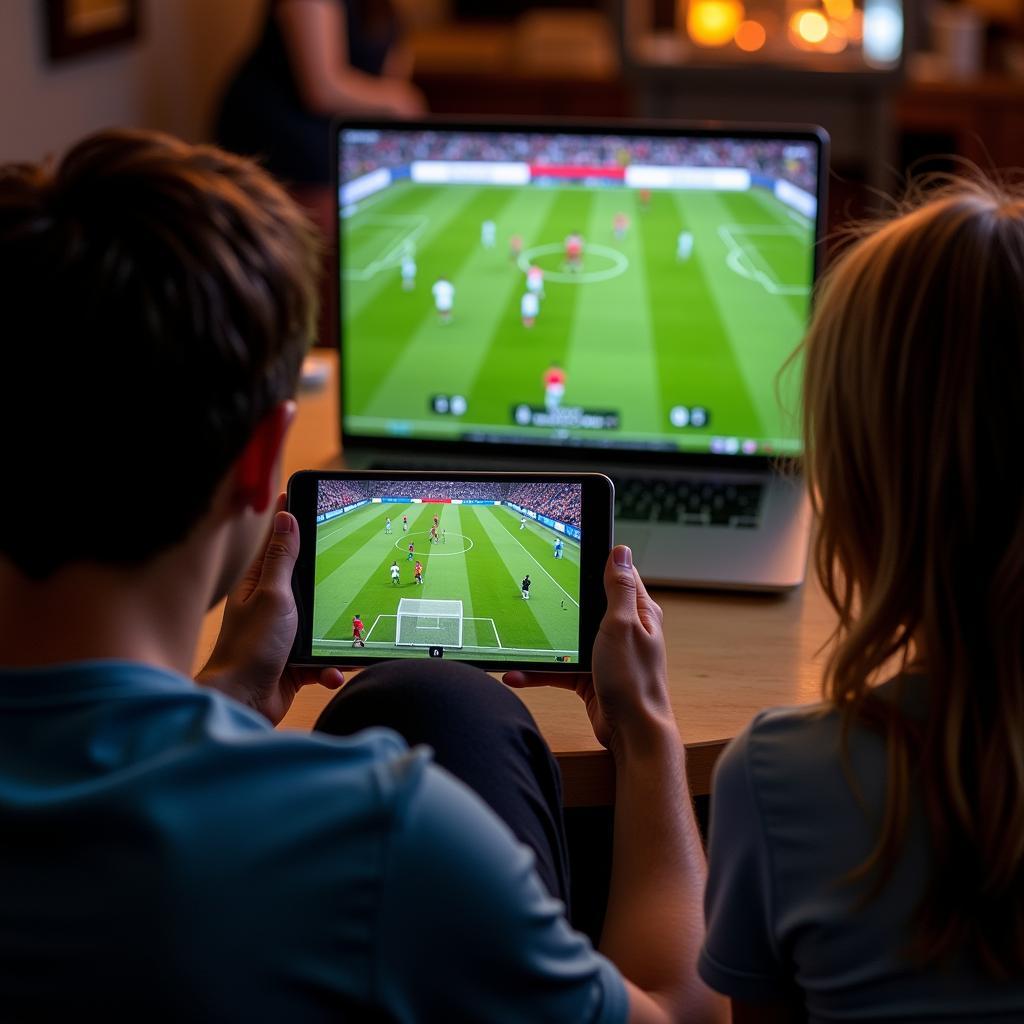 Fans watch a friendly football match live on their devices