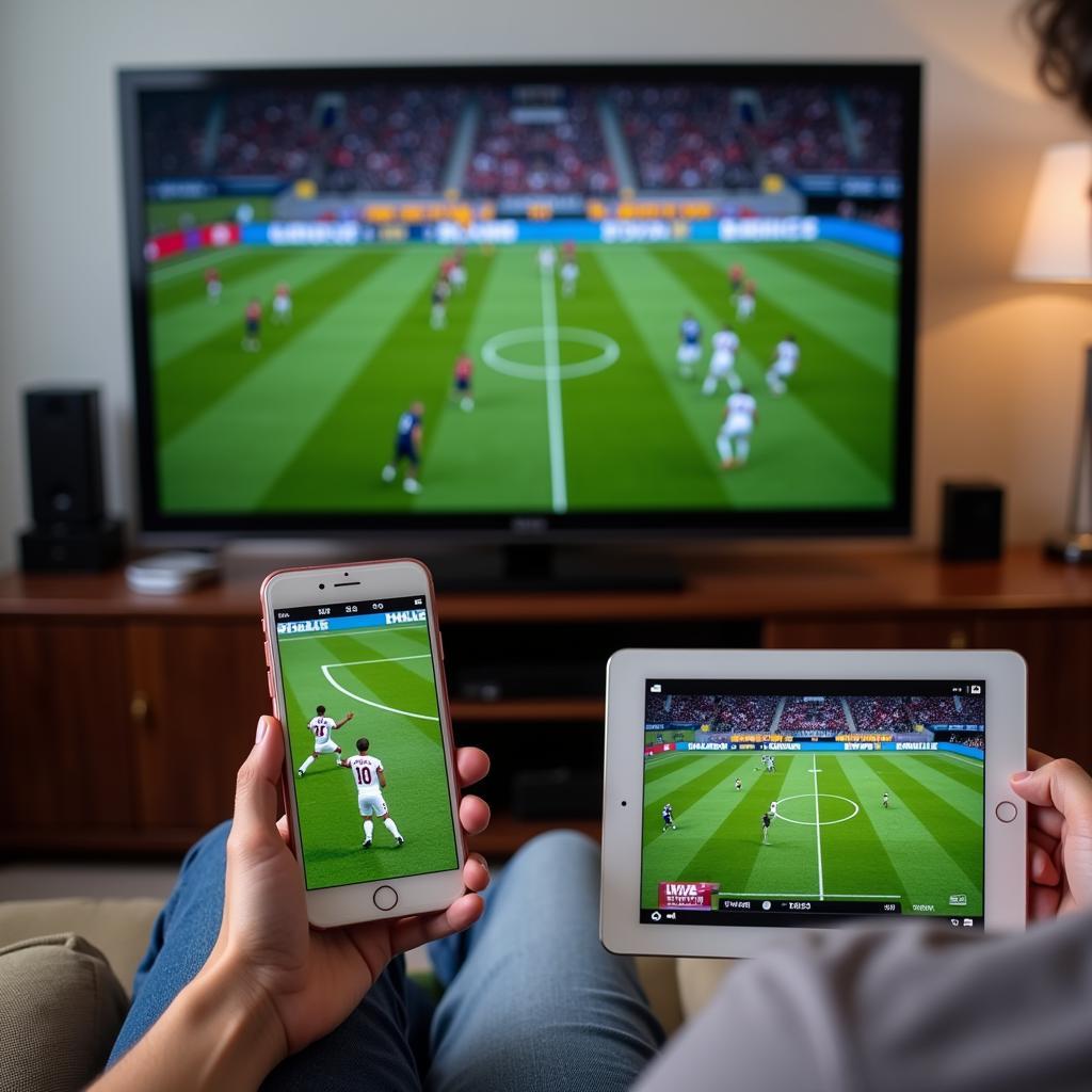 Streaming live football on Hulu across various devices - phone, tablet, and TV