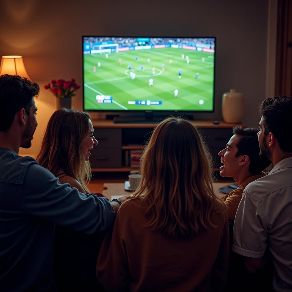 Friends watching live football scores together.