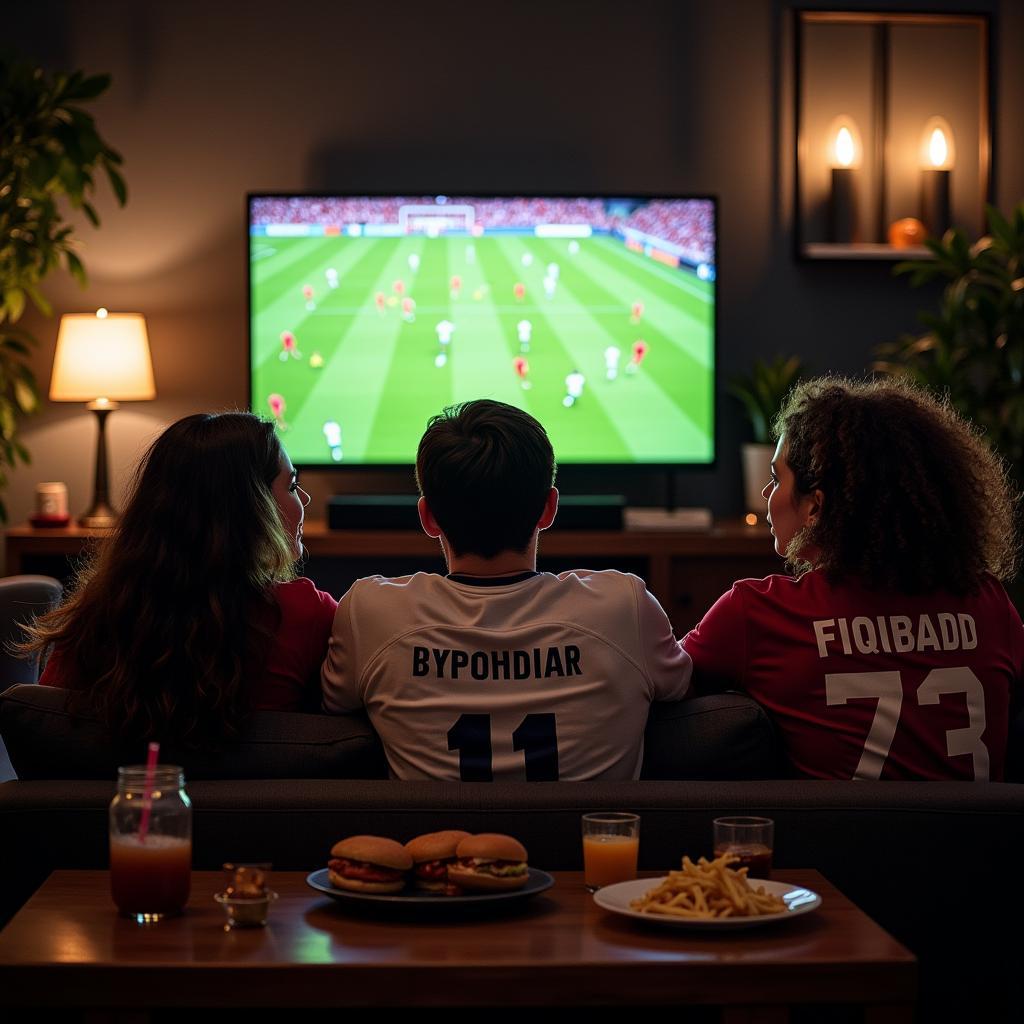 A group of friends watching a live football match together at home.