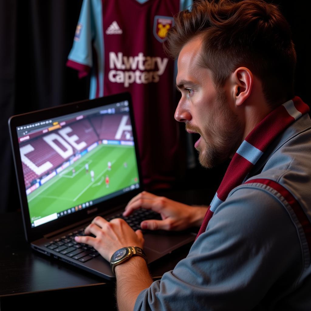 West Ham Fan Watching Game on Laptop