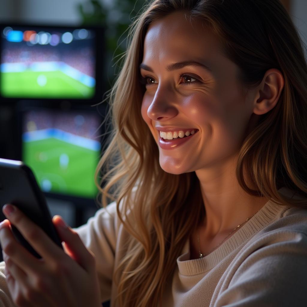 A woman enjoying a football live stream on her phone.