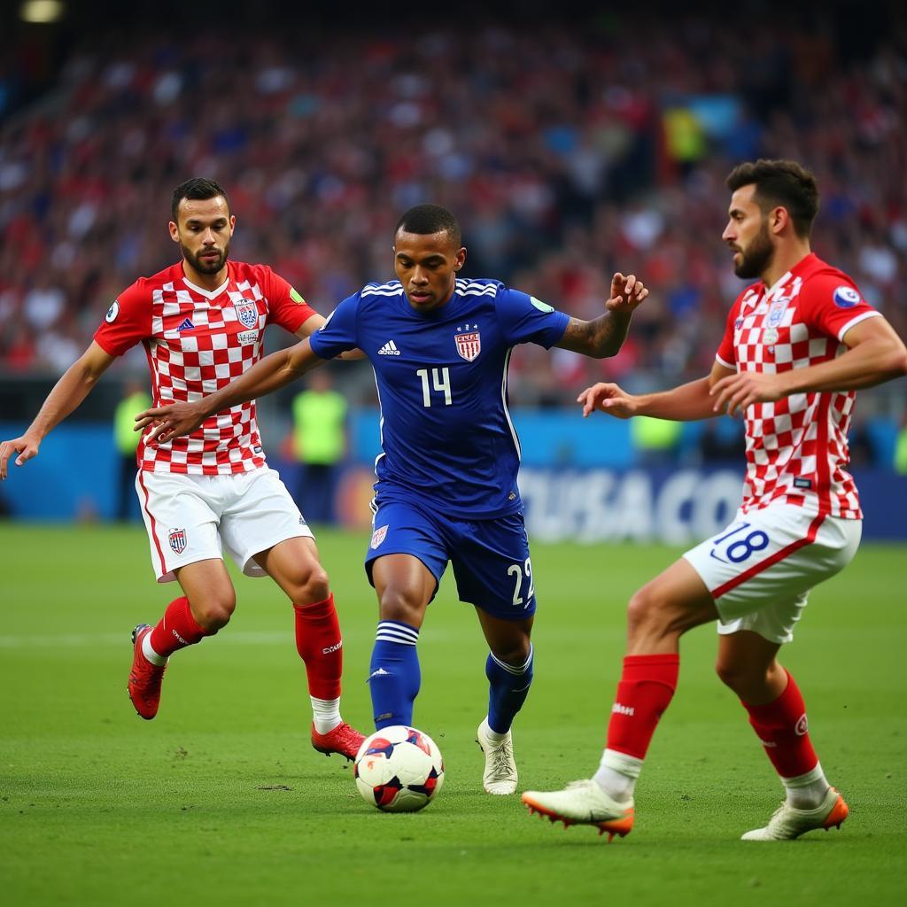 Kylian Mbappé scoring a goal in the 2018 World Cup final.