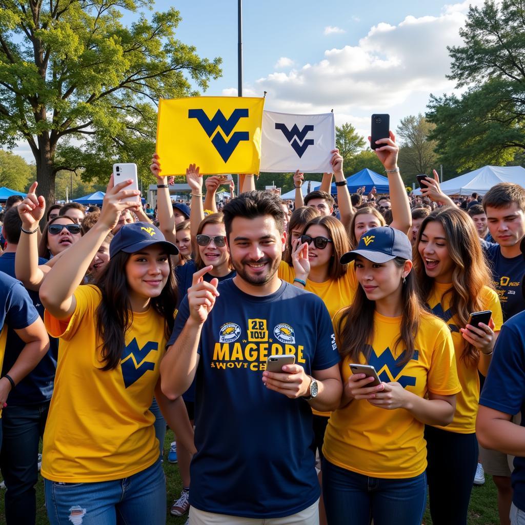 WVU Football Fans Checking Live Scores During Tailgate