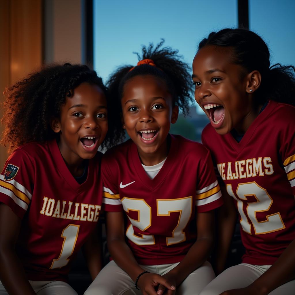 Young black girls watching a college football game on television with excitement.