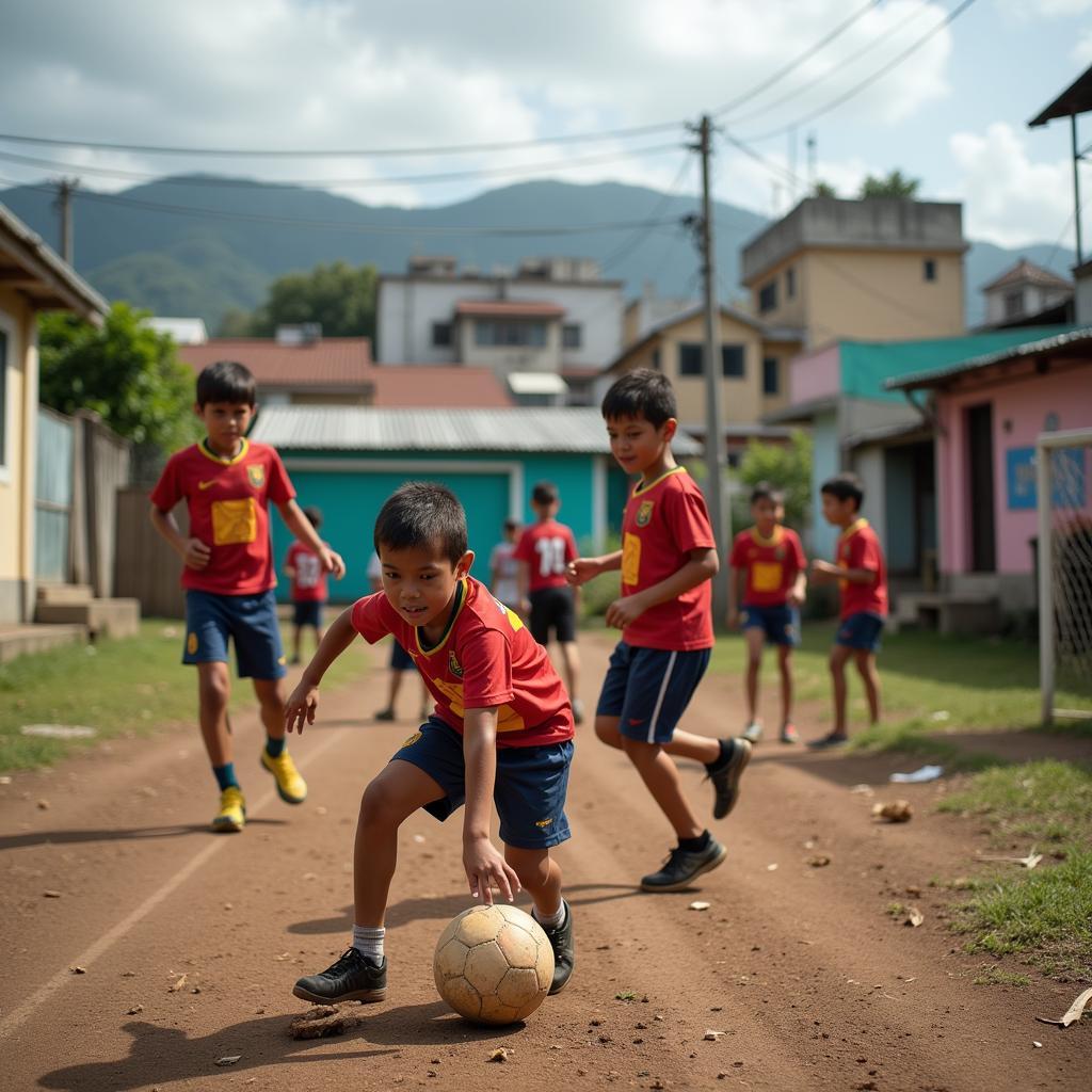 Young Brazilian Children Playing Football in a Favela