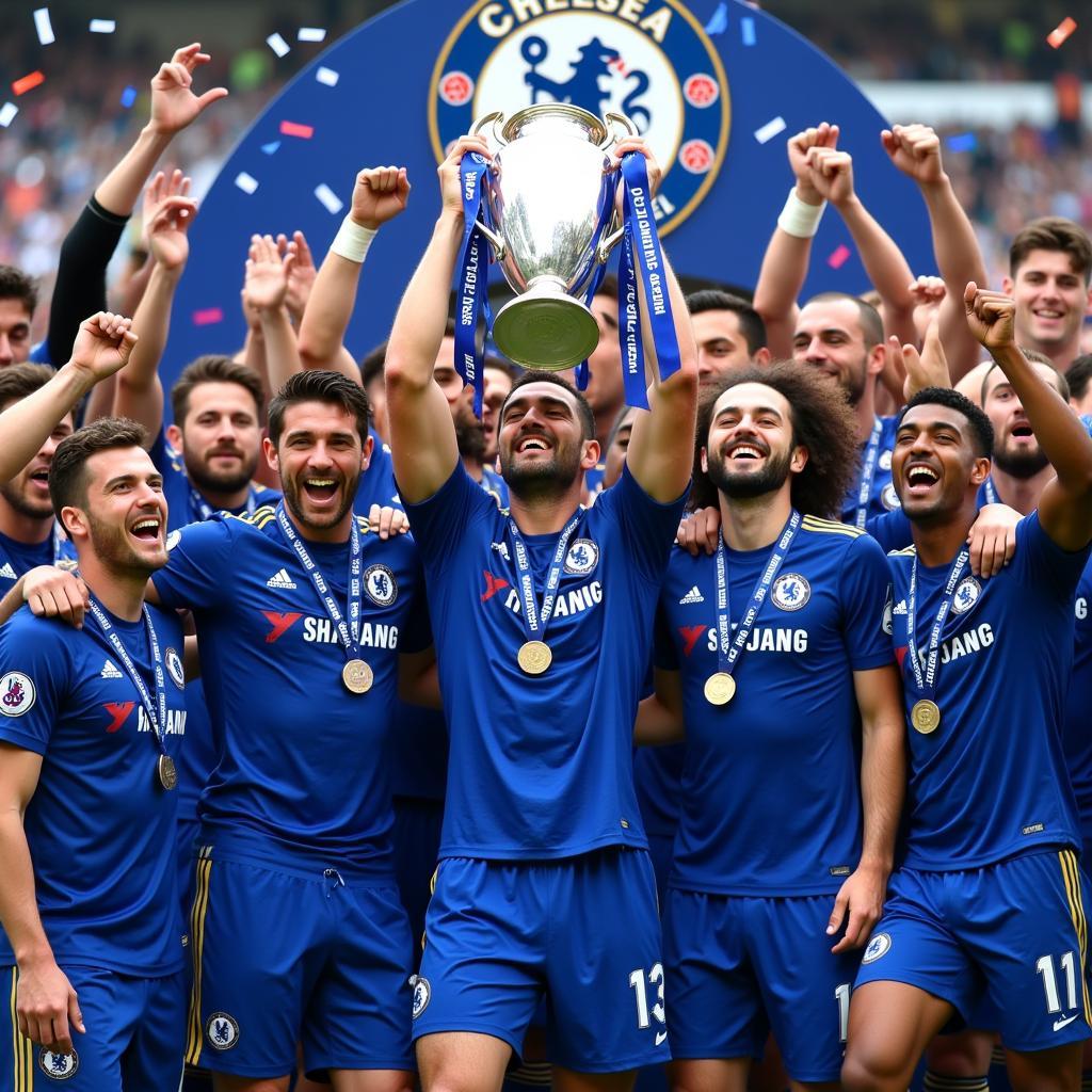 Chelsea players celebrating their Premier League title win in 2014-15