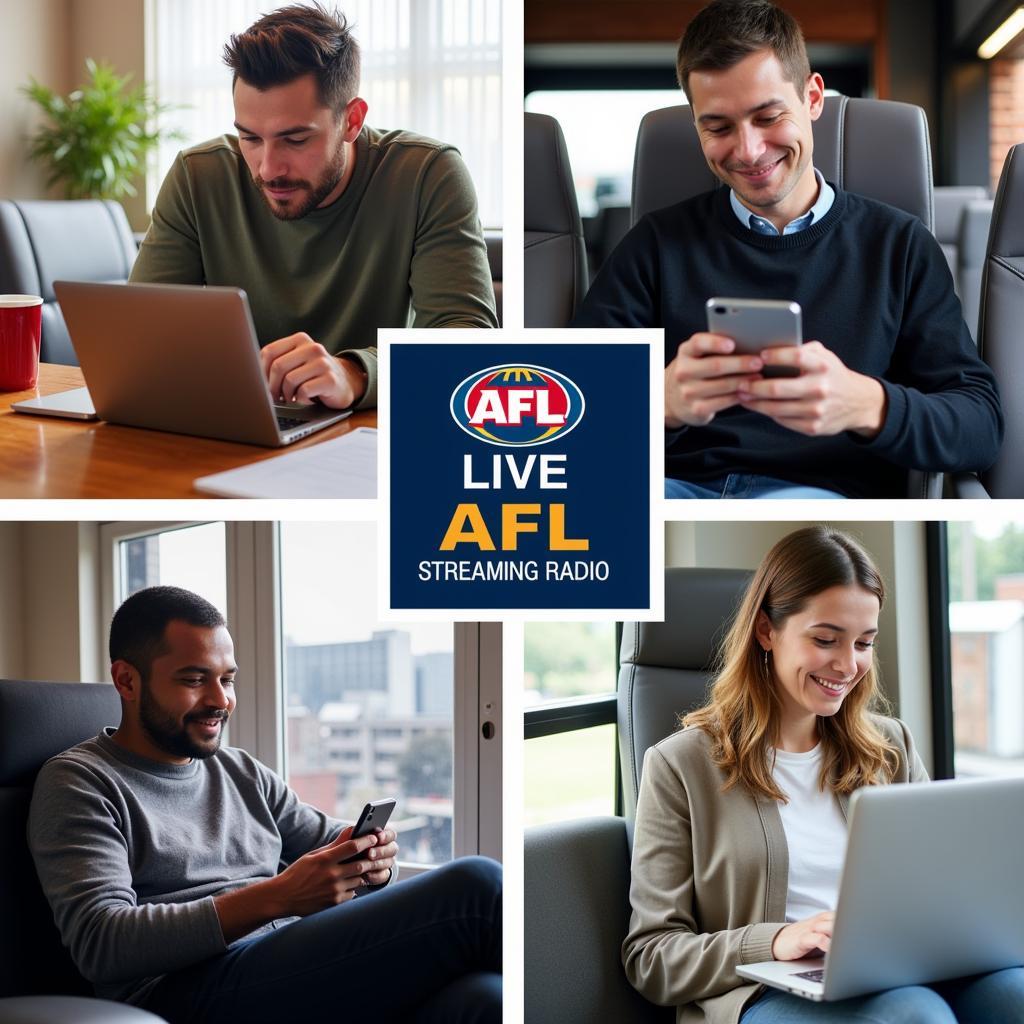 Fans listening to AFL live streaming radio on their devices.