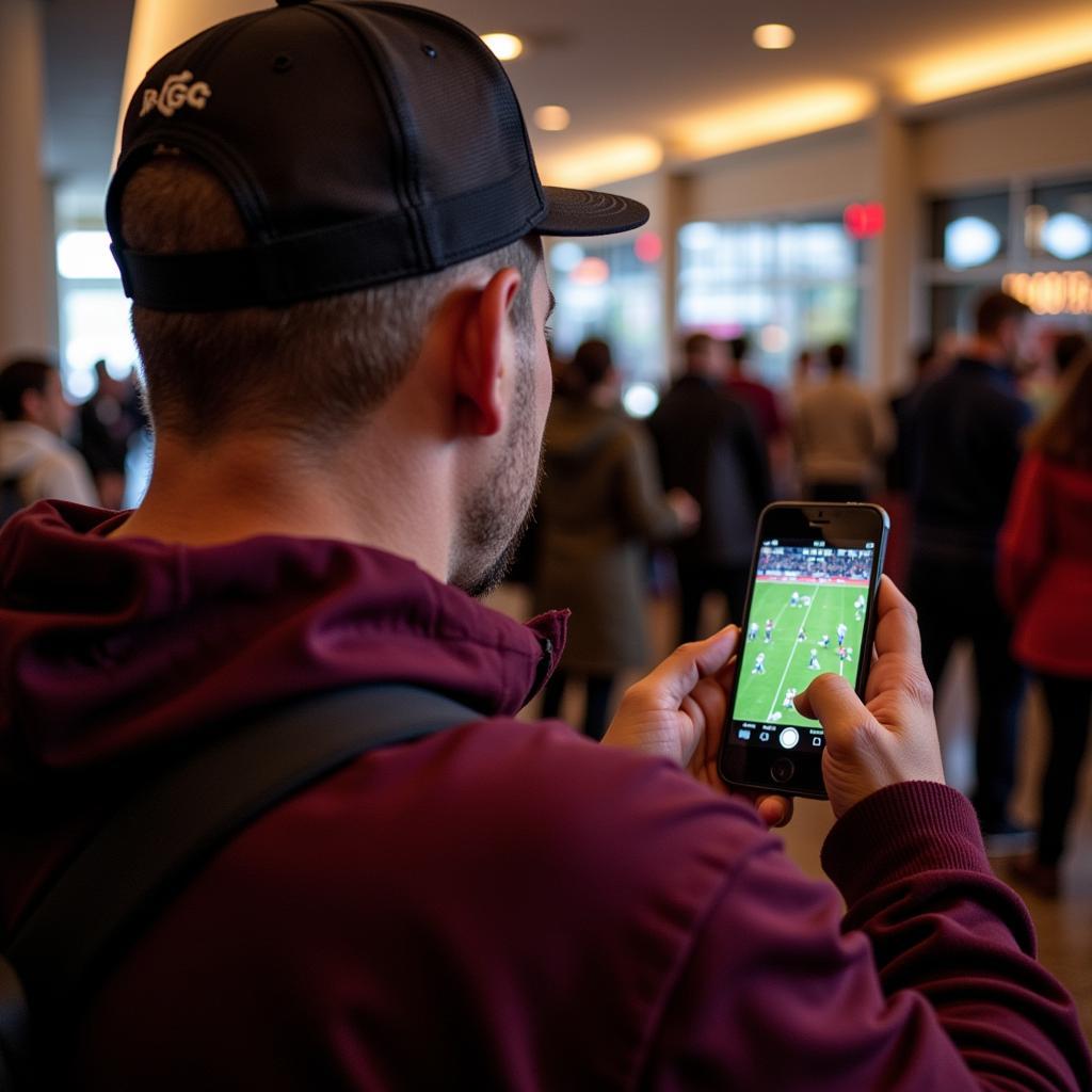 Aggie Football Fan Watching Game on Phone