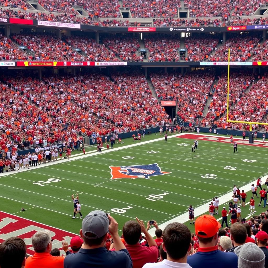 Alabama Auburn Iron Bowl Rivalry - A packed stadium with fans from both teams, showcasing the intense atmosphere of the Iron Bowl.