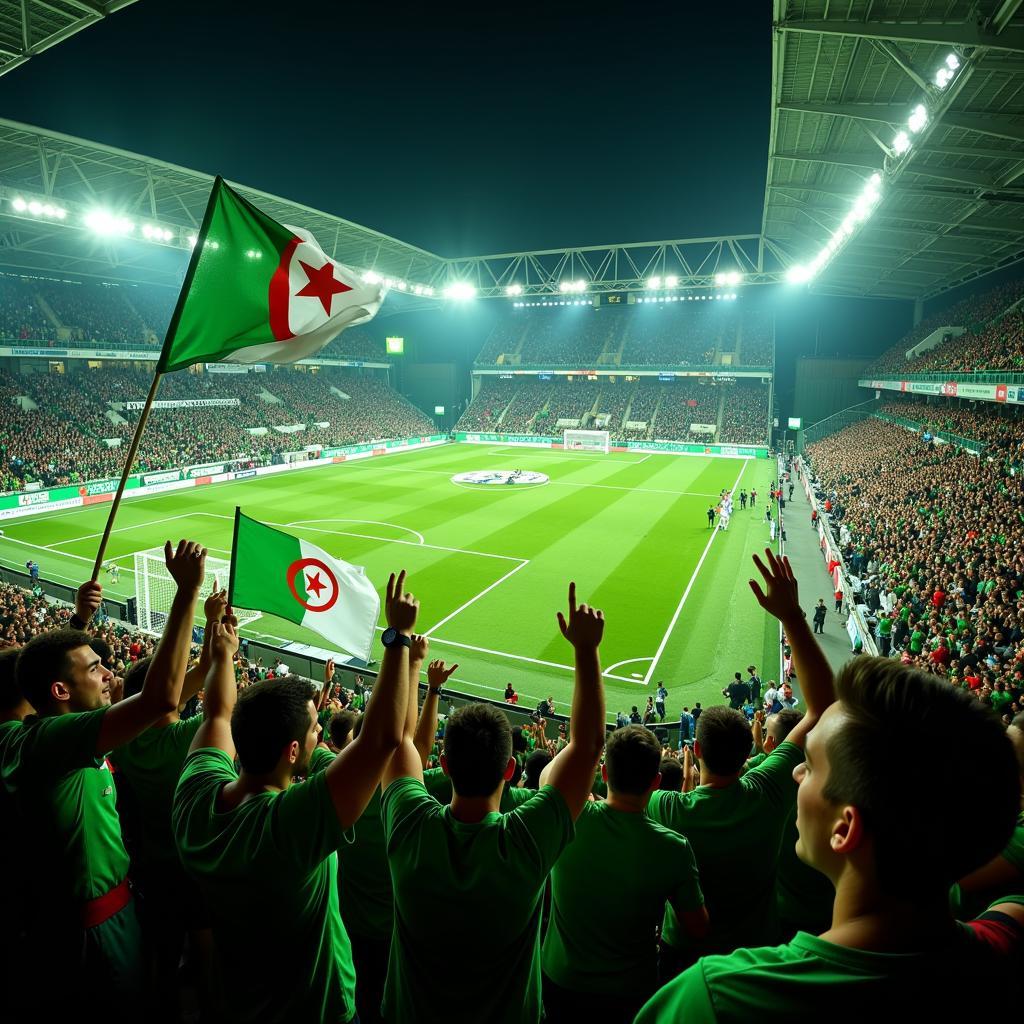 Algerian football fans cheering enthusiastically in a packed stadium during a live match.