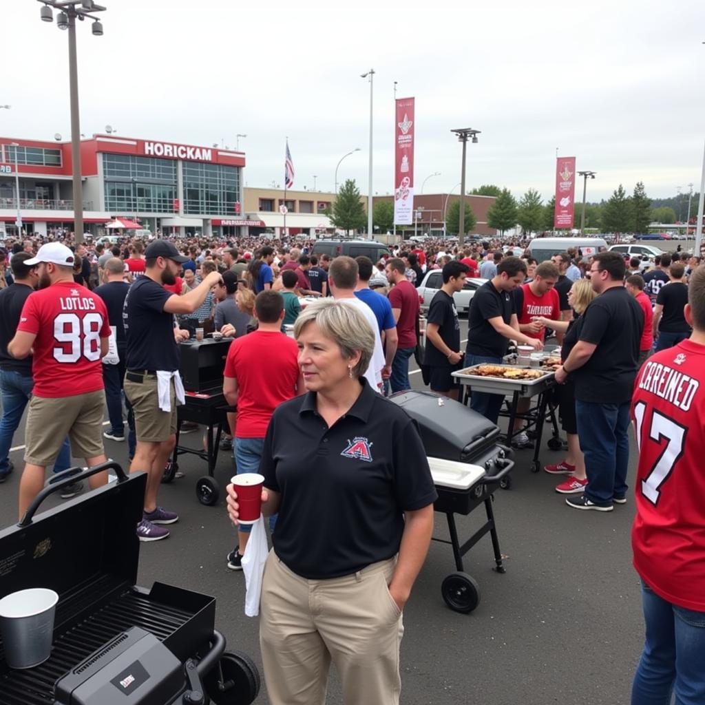 Alience American L football tailgate party: Fans grilling and socializing before a game