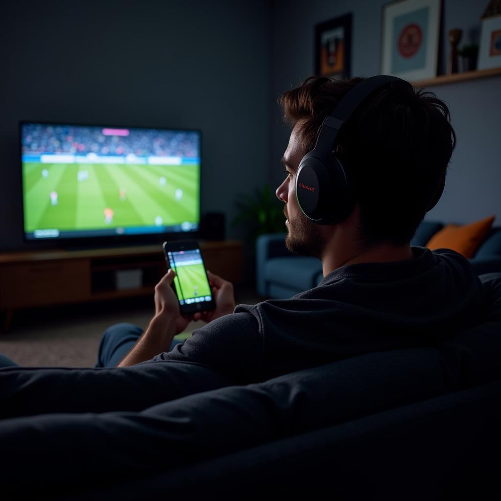 Android User Enjoying Live Football Stream with Headphones