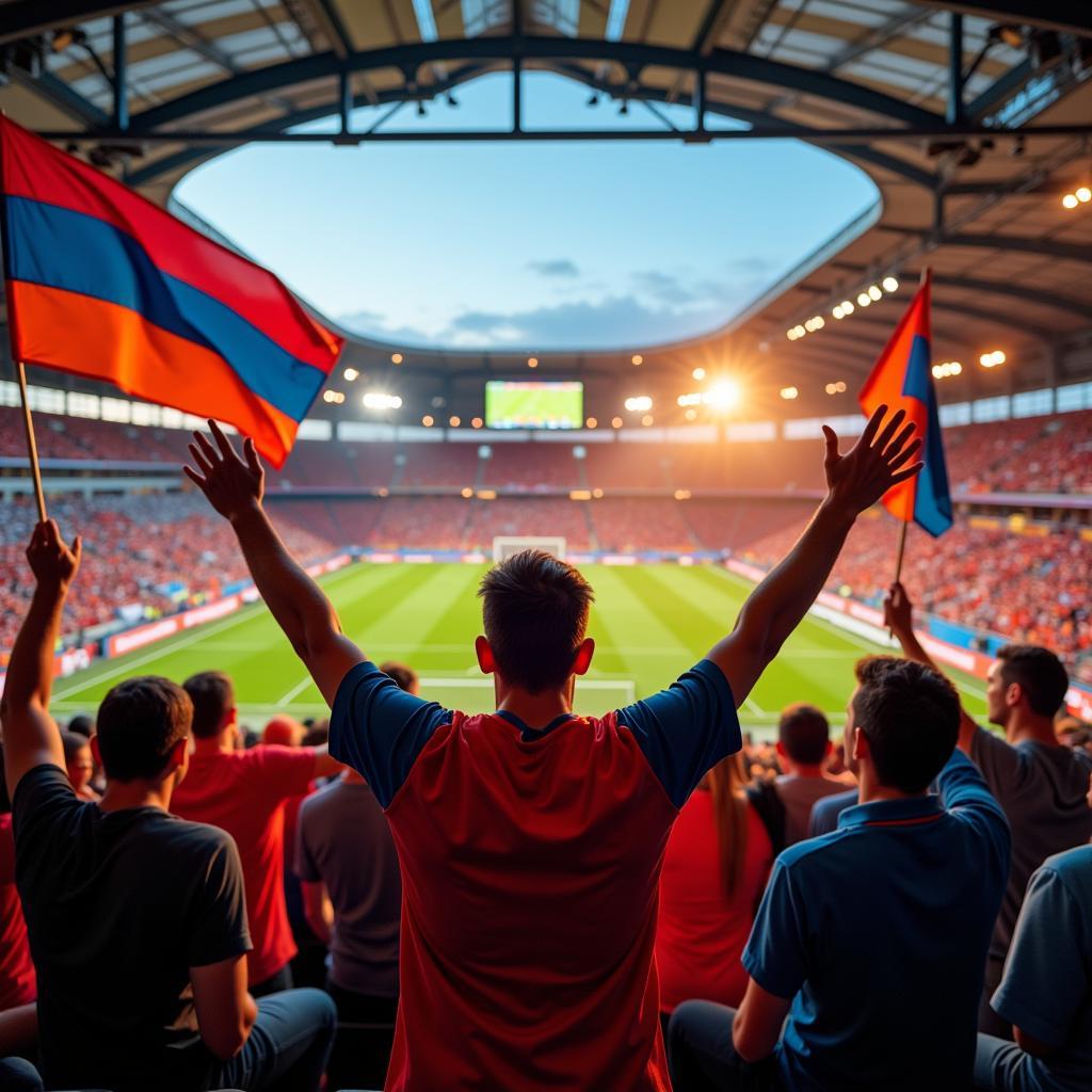 Armenian fans passionately cheering for their national team during a live football match.