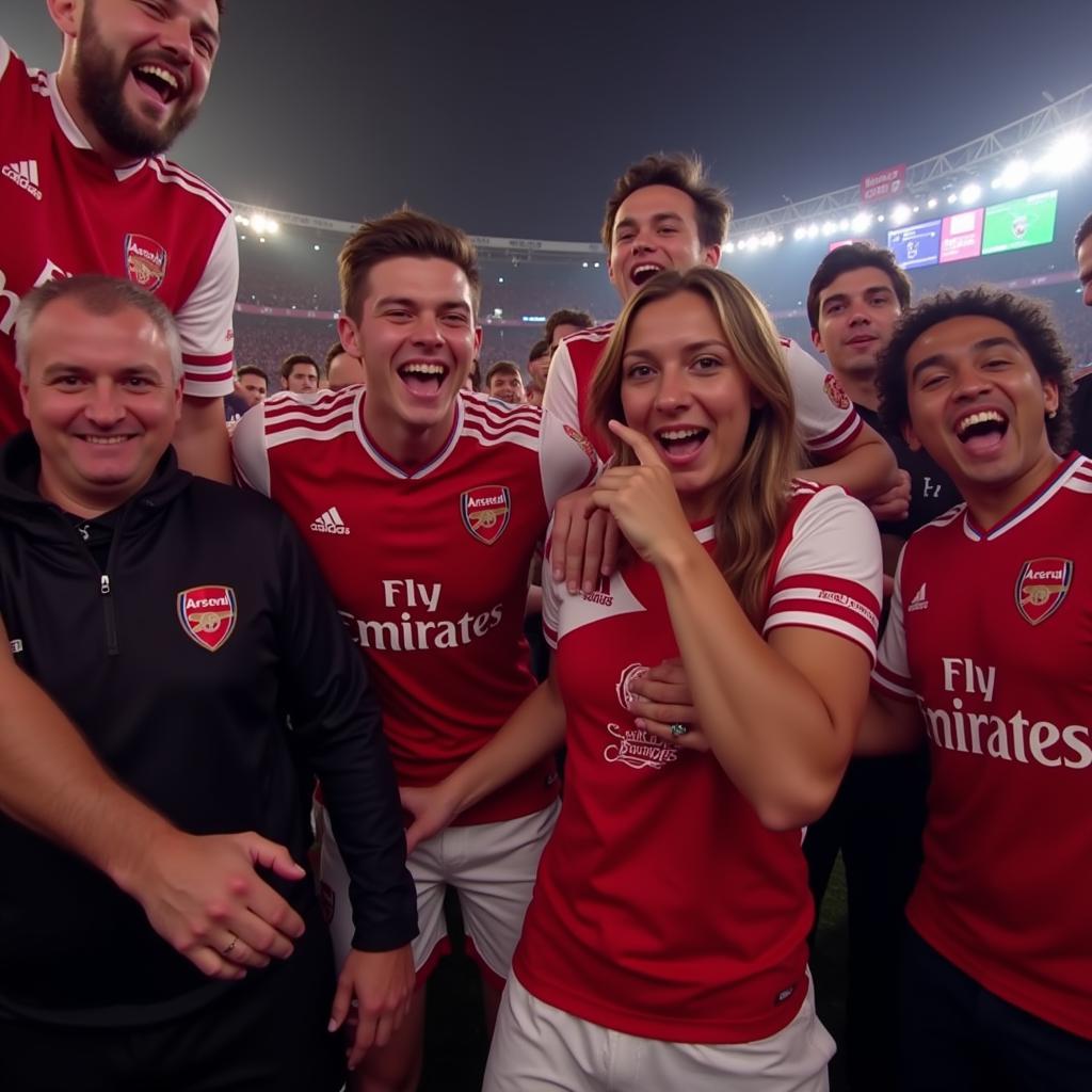 Arsenal supporters celebrating a goal while watching a live stream together.