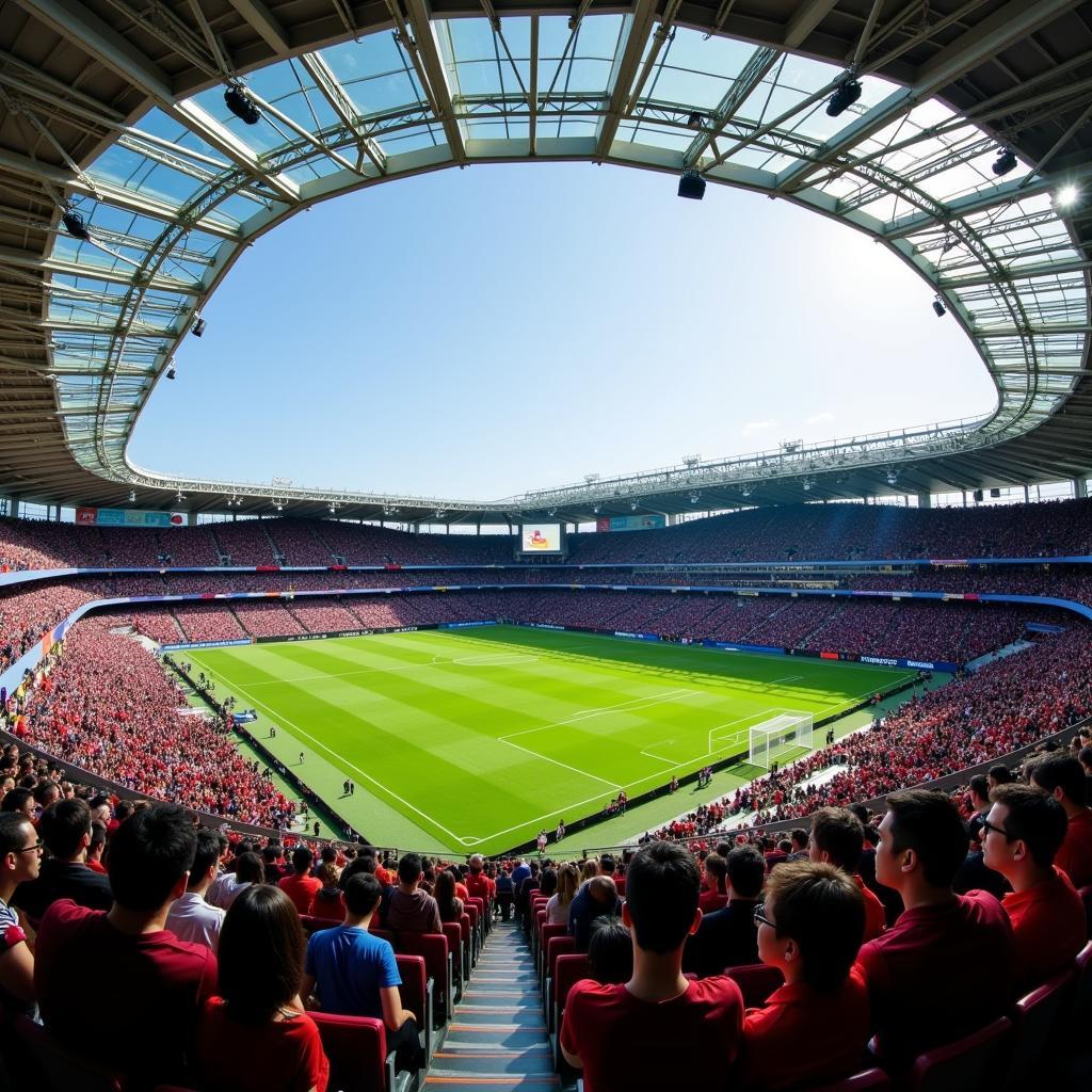 A panoramic view of a packed stadium during an Asian football match