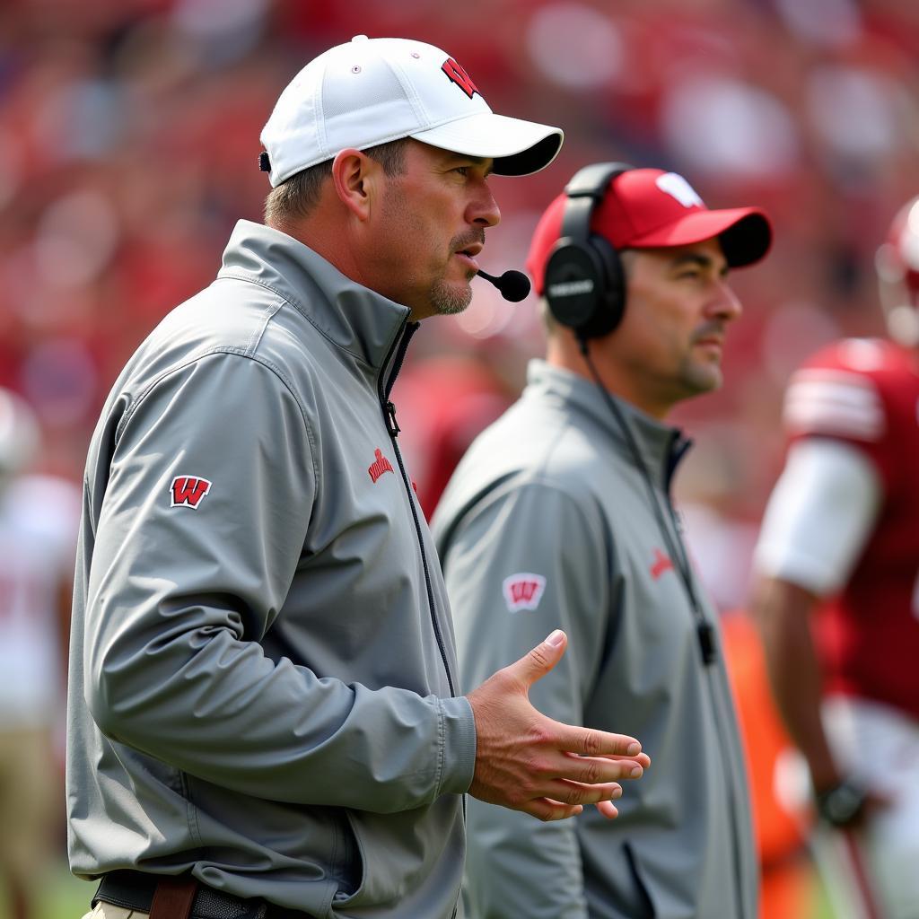 Wisconsin Badgers Football Coach Discussing Strategy on the Sidelines