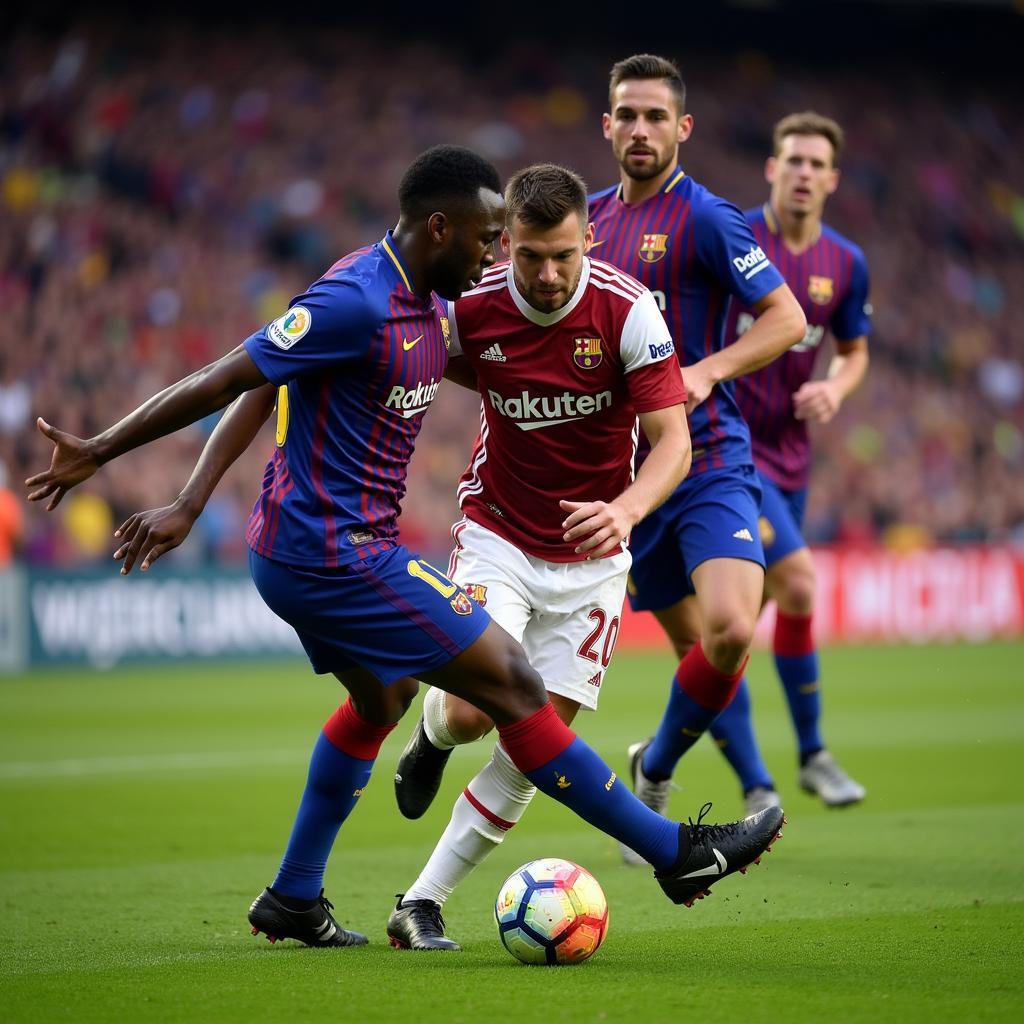 Barcelona and Real Madrid players competing fiercely for the ball during an El Clasico match.