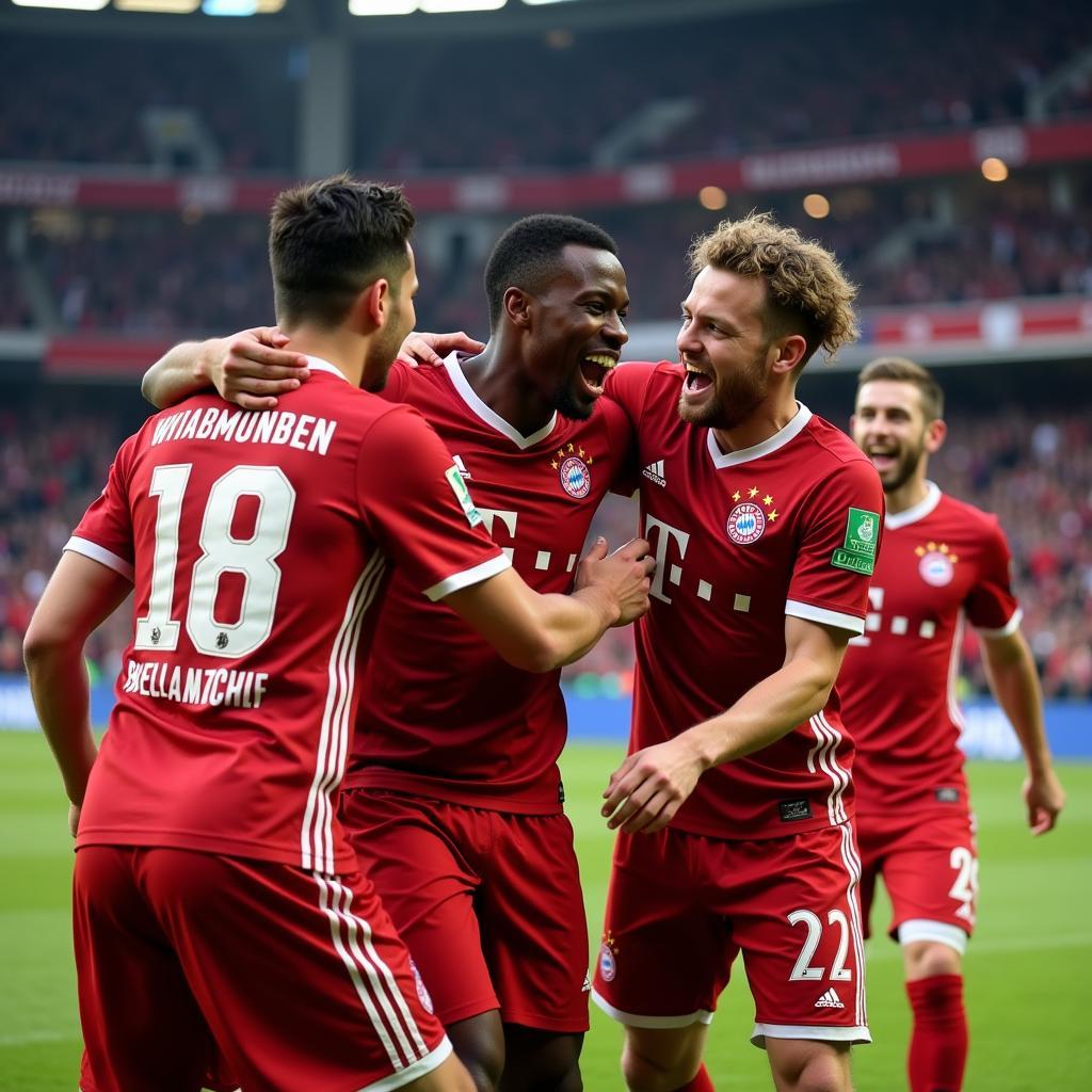 Bayern Munich players celebrating a goal during a live football match.