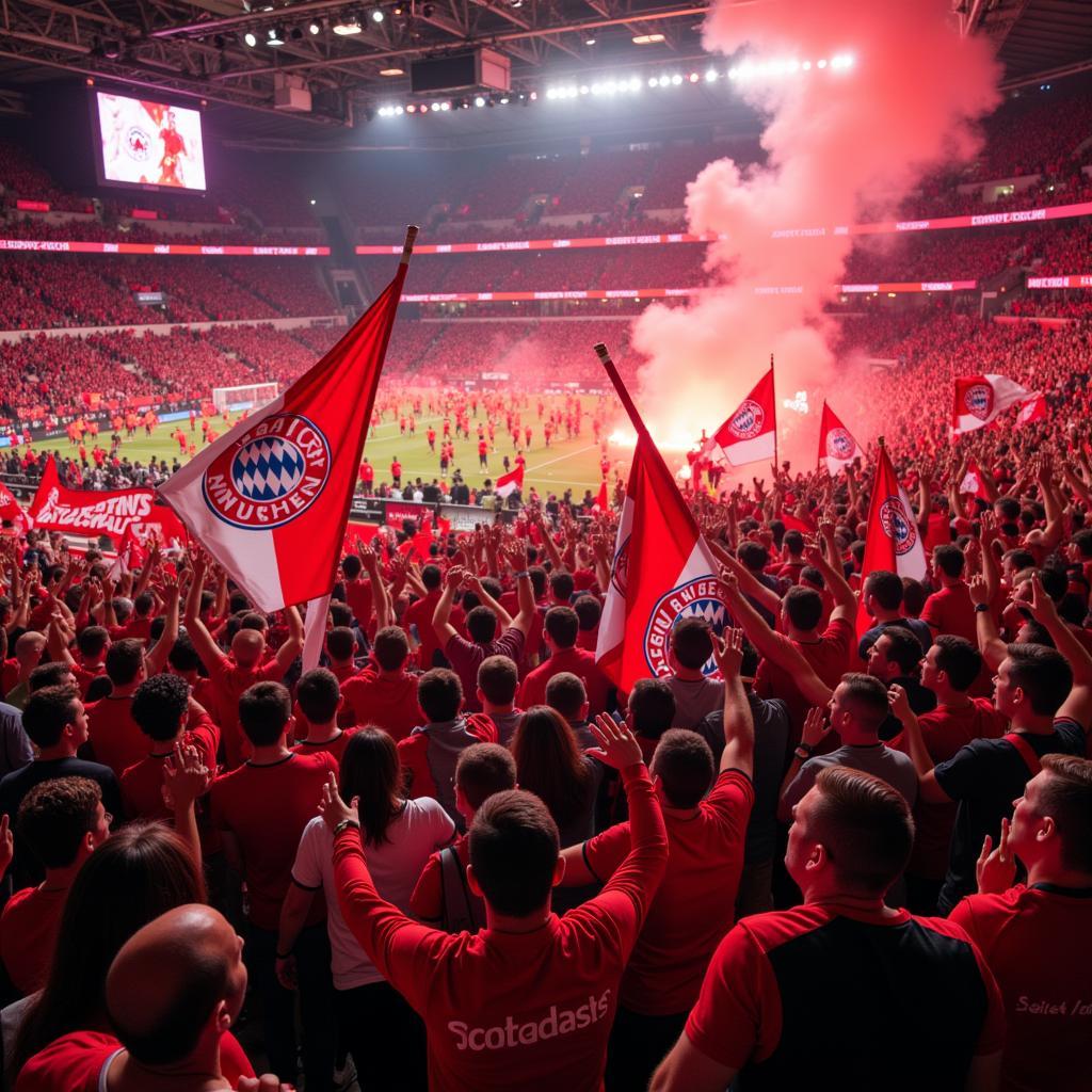 Bayern Munich fans passionately cheering during a live football match.