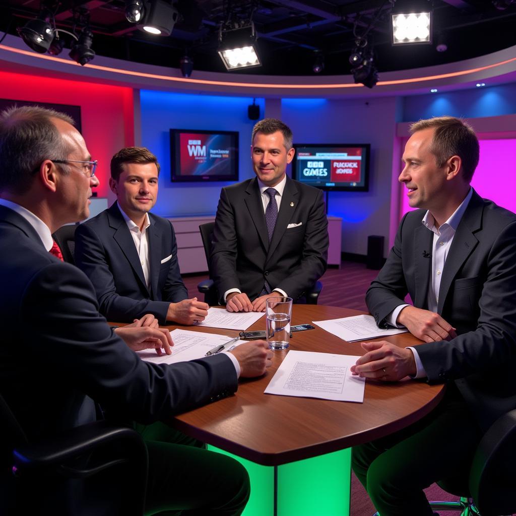 Expert commentators analyzing a live football match in the BBC WM studio.