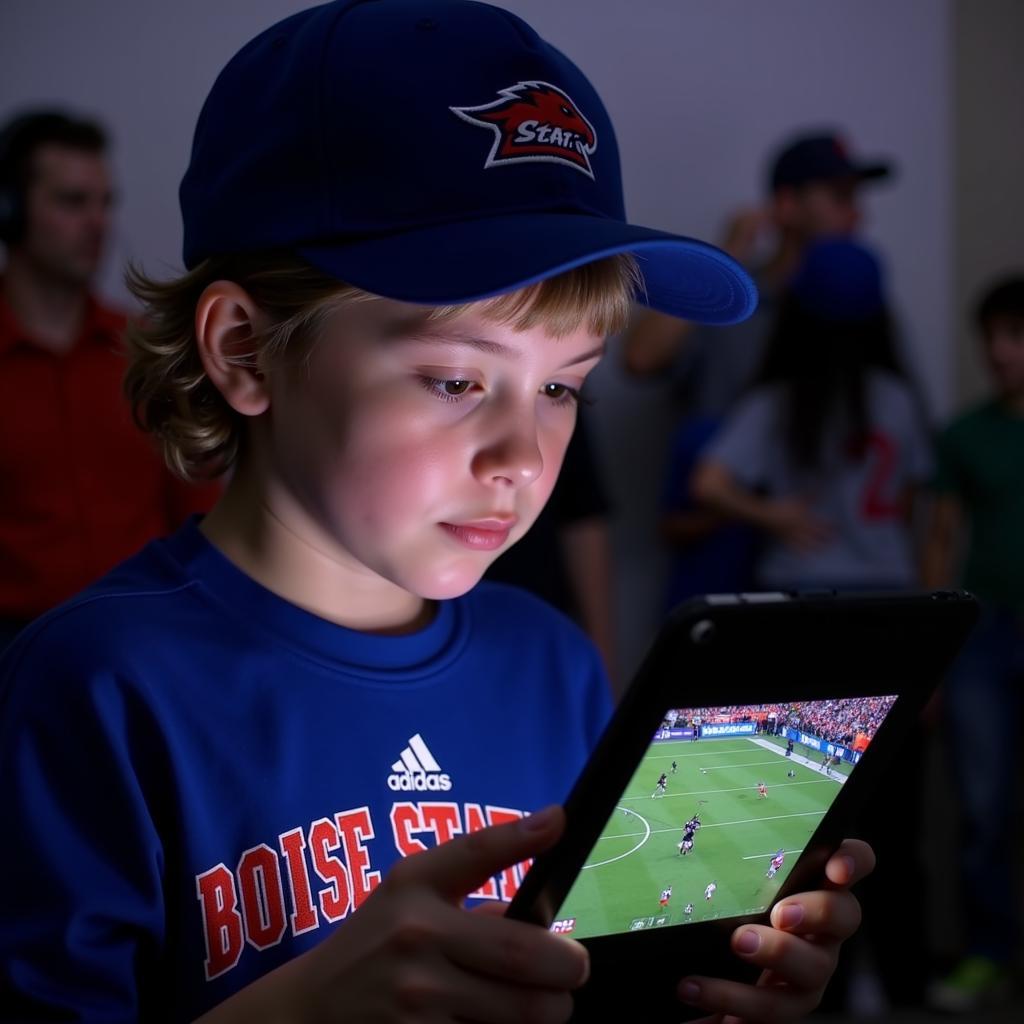 Boise State Football Fan Watching Game on Tablet