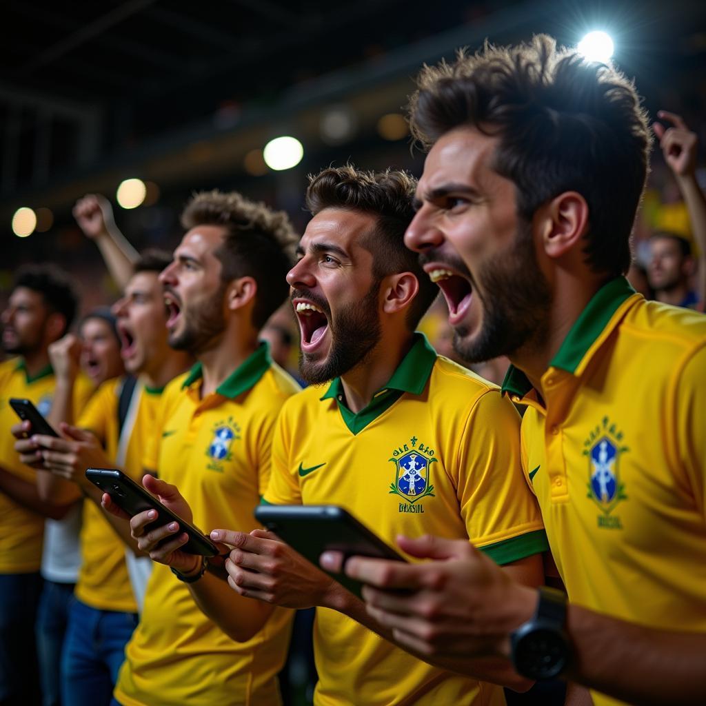 Brazil football fans excitedly watching a live match on their mobile devices