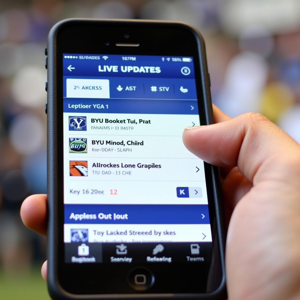 BYU Football Live Updates on a Mobile Device: A close-up shot of a smartphone displaying live updates for a BYU football game, showcasing the app interface and real-time information.