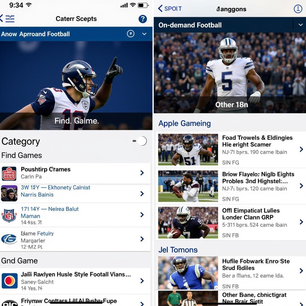 CBS Live App Football On Demand: A screenshot of the CBS Sports app interface showing the available on-demand football games, highlighting the search function and the different game categories like NFL, NCAA, etc.