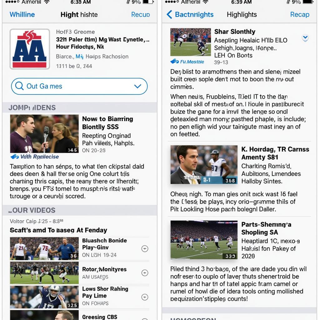 CBS Sports App Highlights and Recaps: A screenshot of the CBS Sports app showing the highlights and recap section for a specific football game, including short video clips and written summaries.