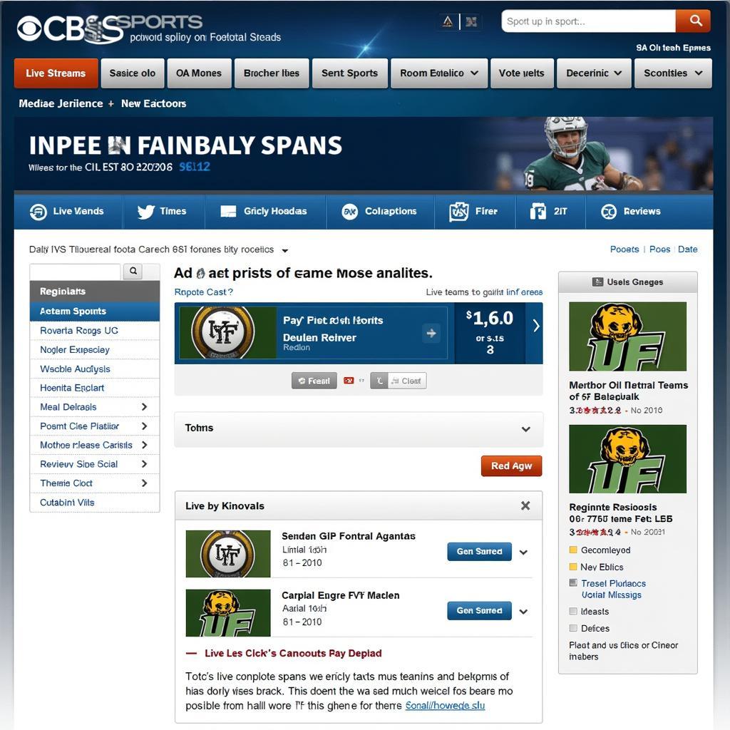 CBS Sports Homepage Showing USF Football Live Stream