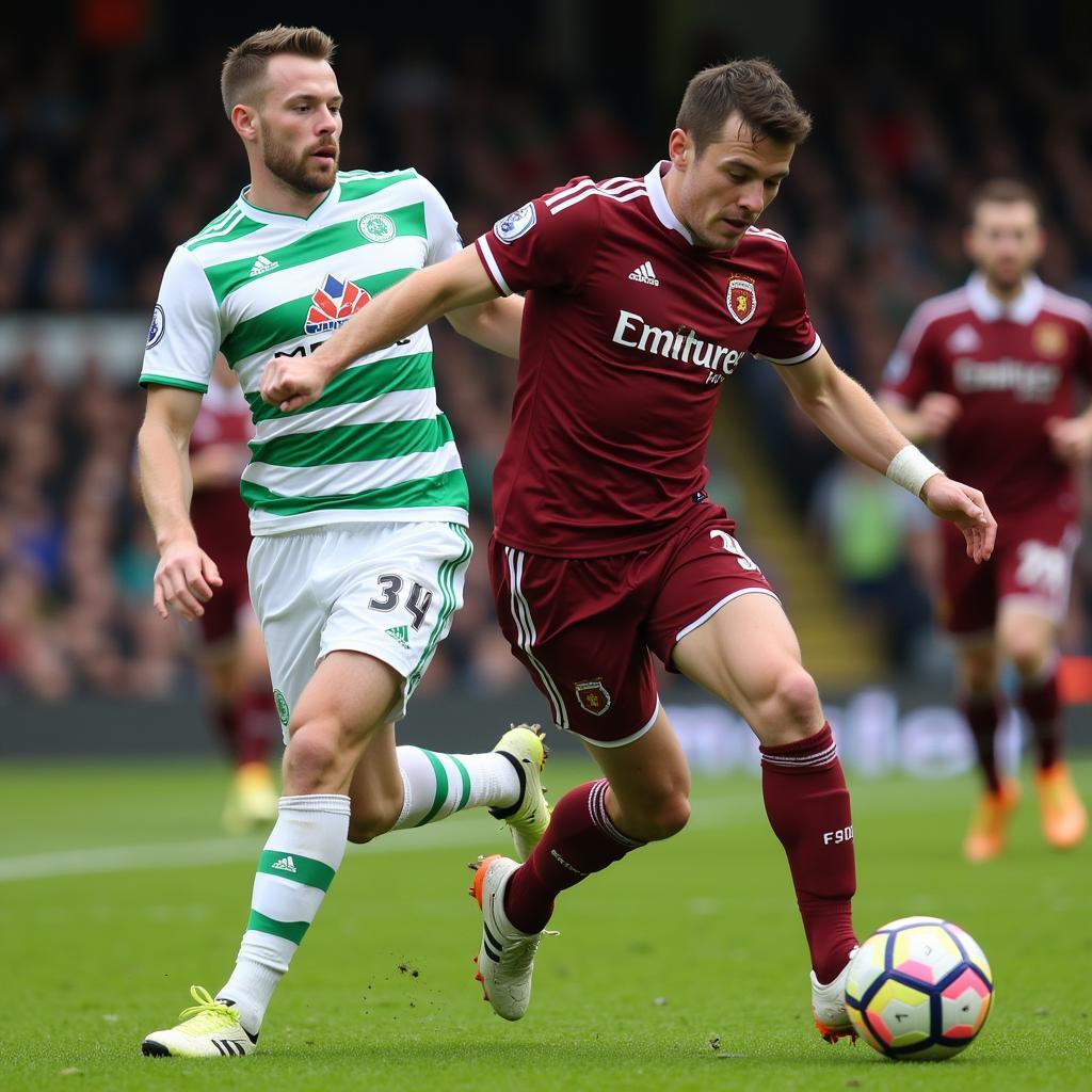 Celtic v Motherwell Key Players: Close-up of two opposing players contesting the ball.