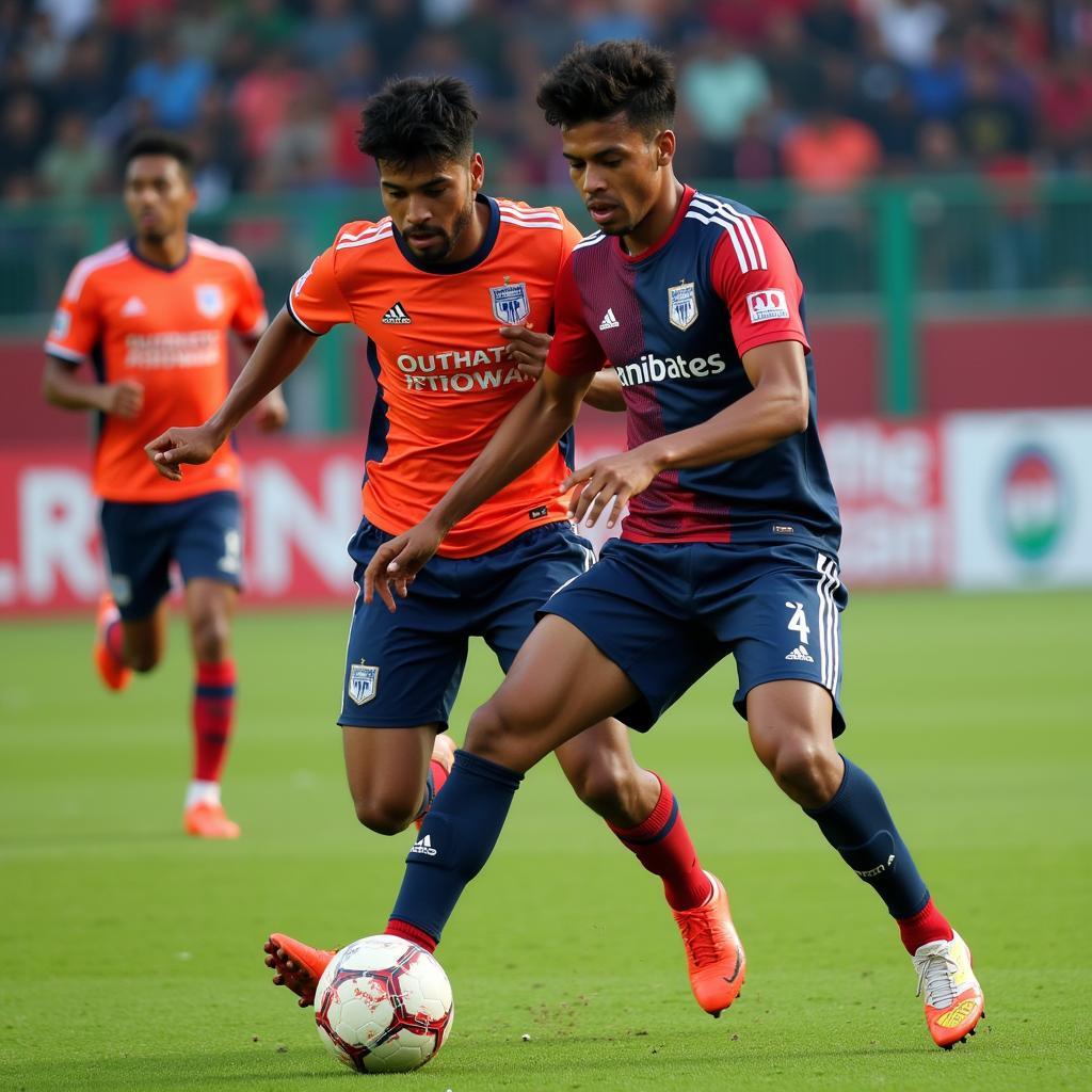 Chennai football players in action during a live match, displaying their skill and athleticism.