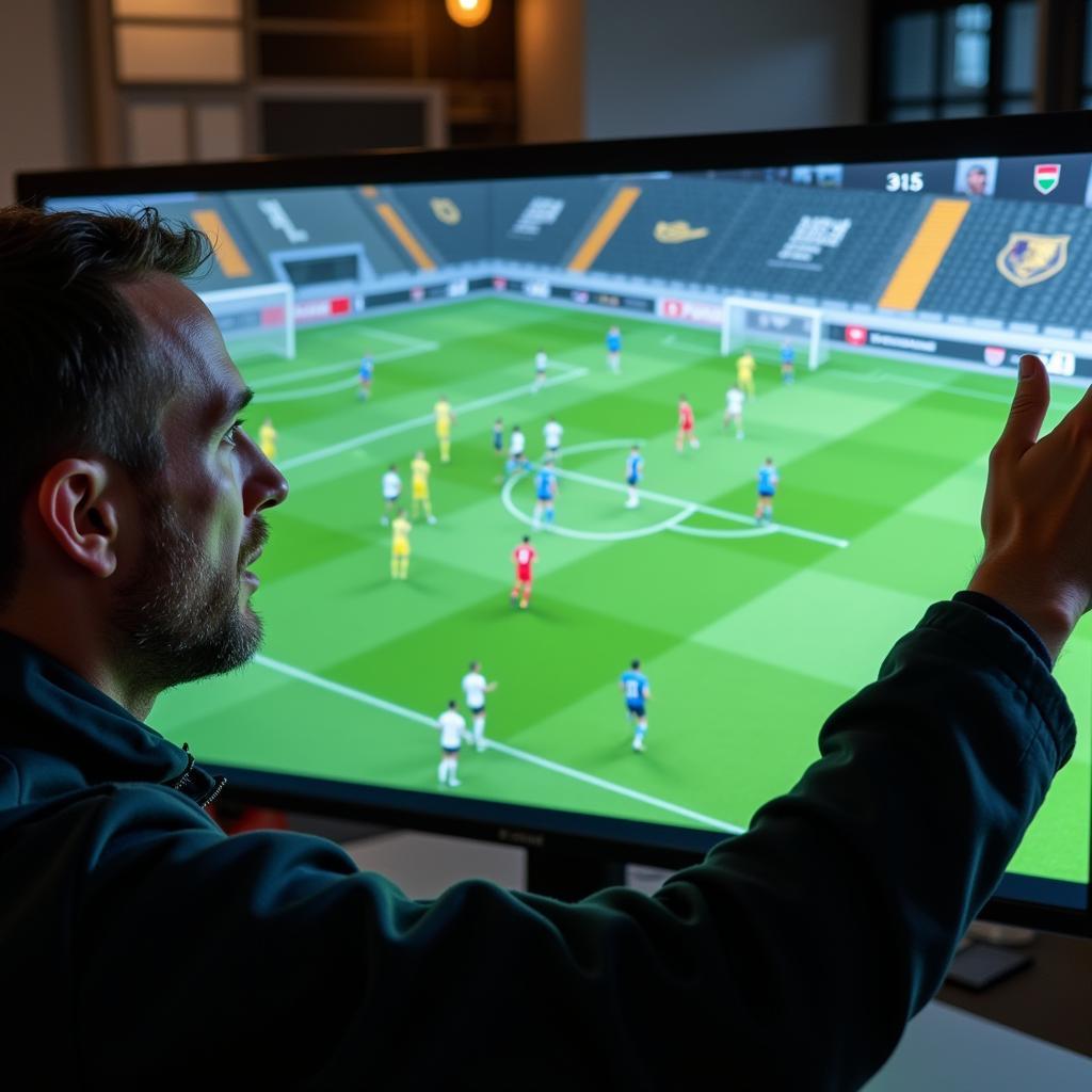 Chinese Football Match Analysis and Tactics: A coach analyzes a match using a digital tactical board.