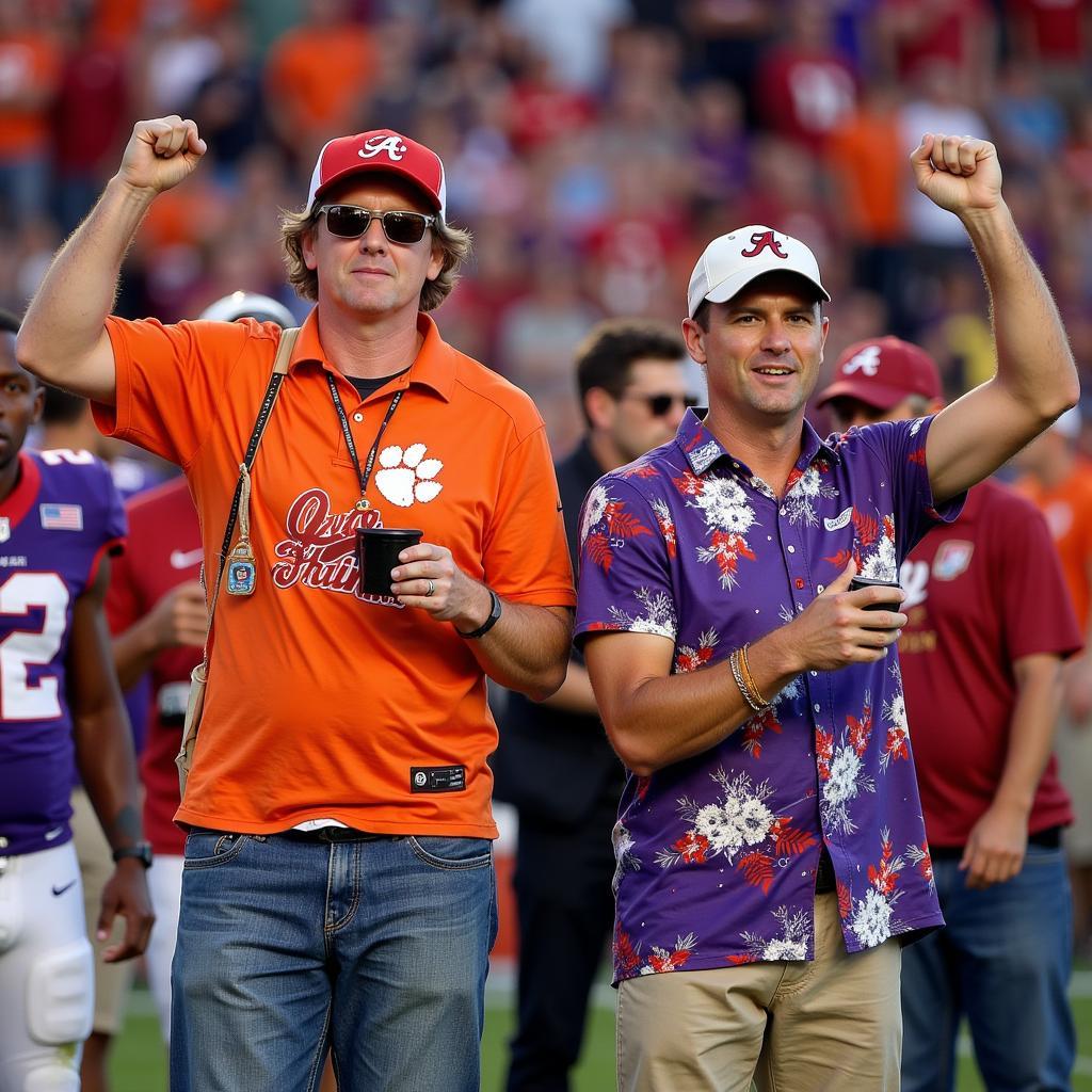 Fans from Clemson and Alabama celebrating after a game.